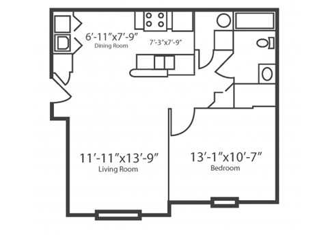 a floor plan of a bedroom apartment with a living room and a dining room